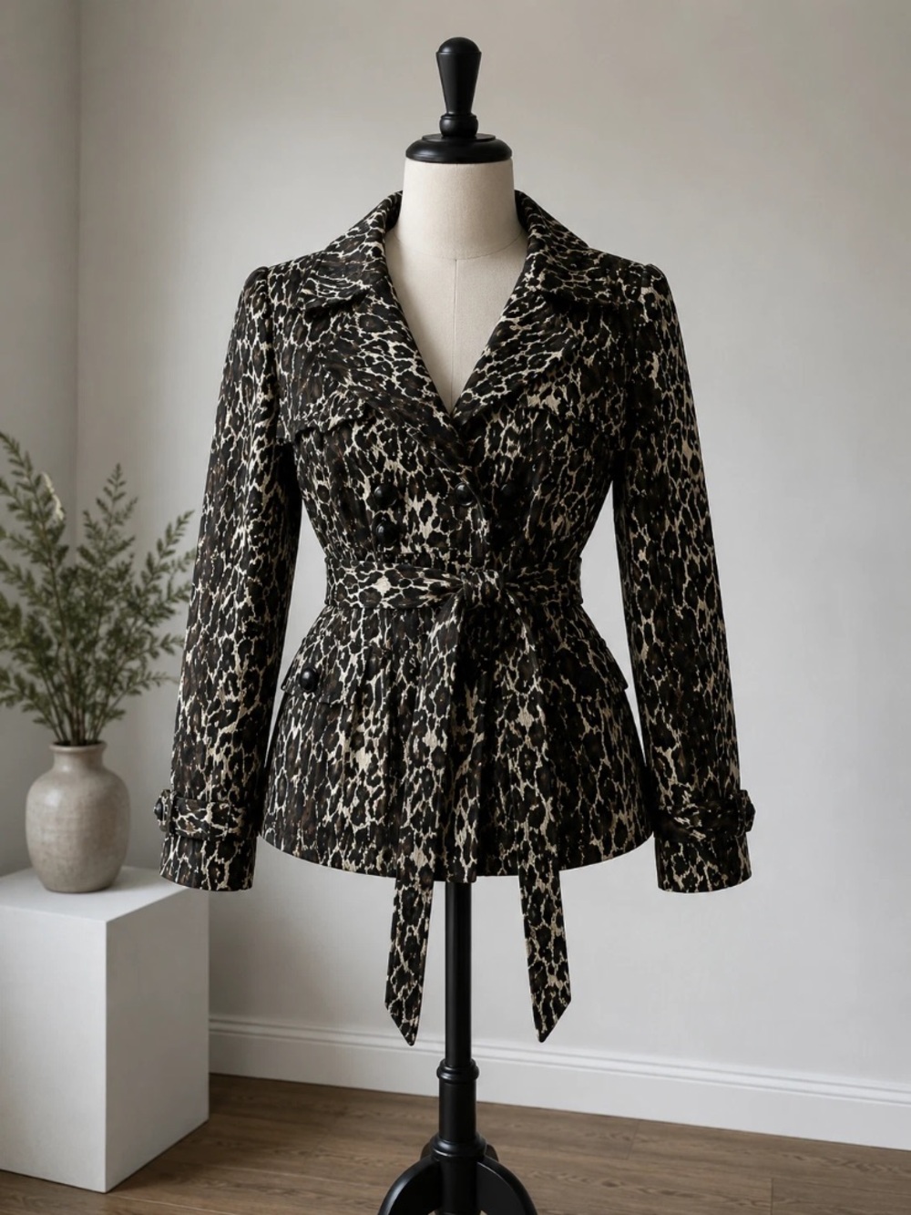 Belted Leopard-Print Trench Coat in Black and Cream